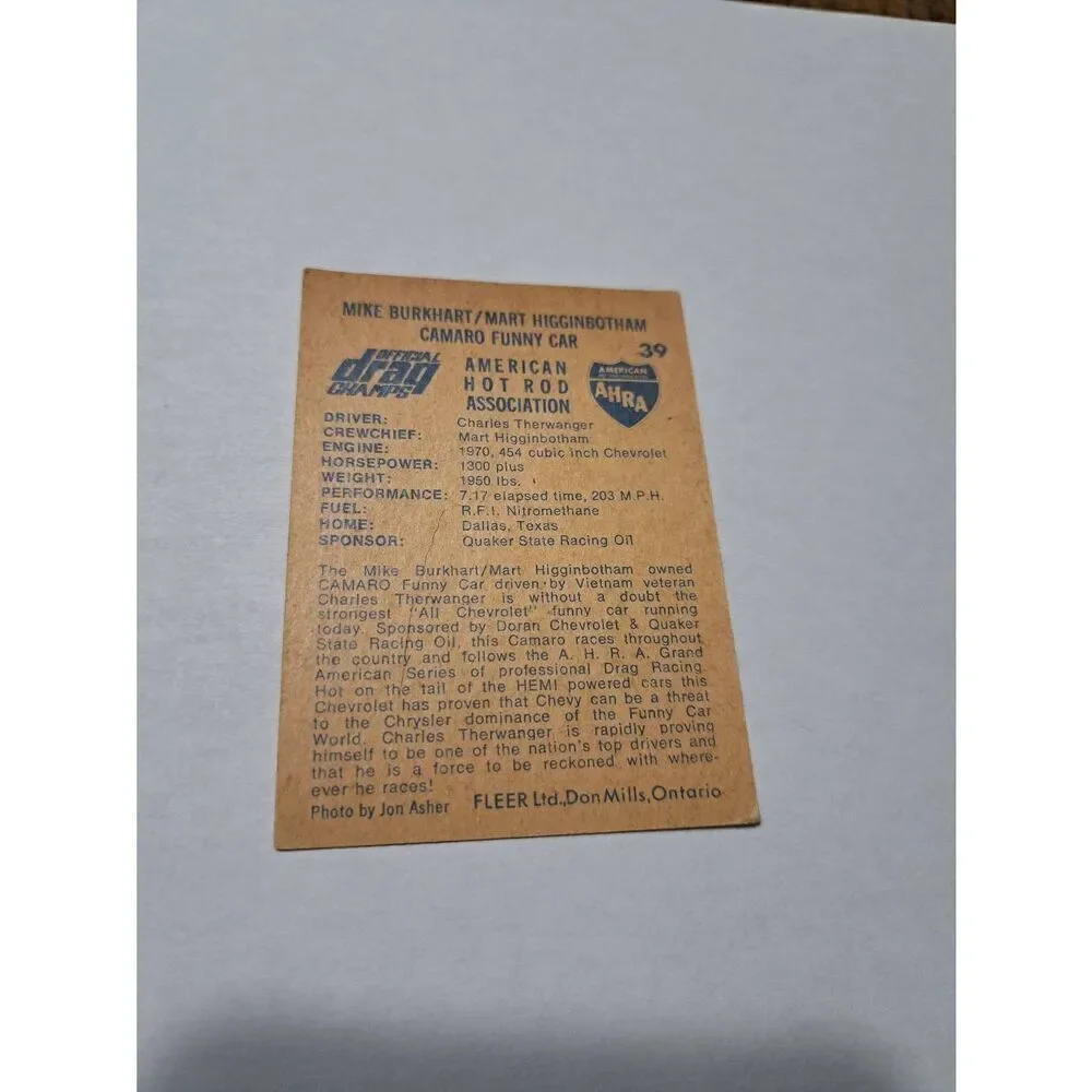 1971 Fleer Mike Burkhart Mary Higginbotham Camaro Funny Car Trading Card #39